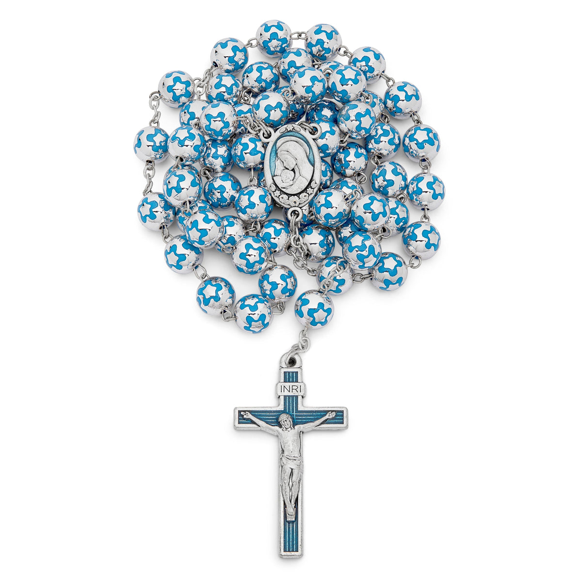 Sacred Heart of Jesus Rosary in Silver Color Beads decorated with Light Blue Flowers