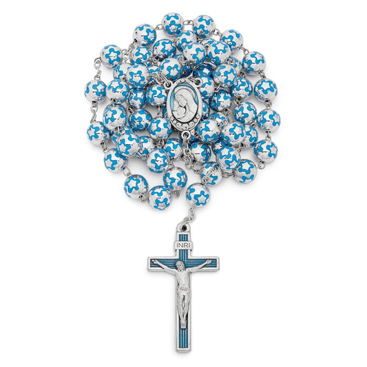 Sacred Heart of Jesus Rosary in Silver Color Beads decorated with Light Blue Flowers