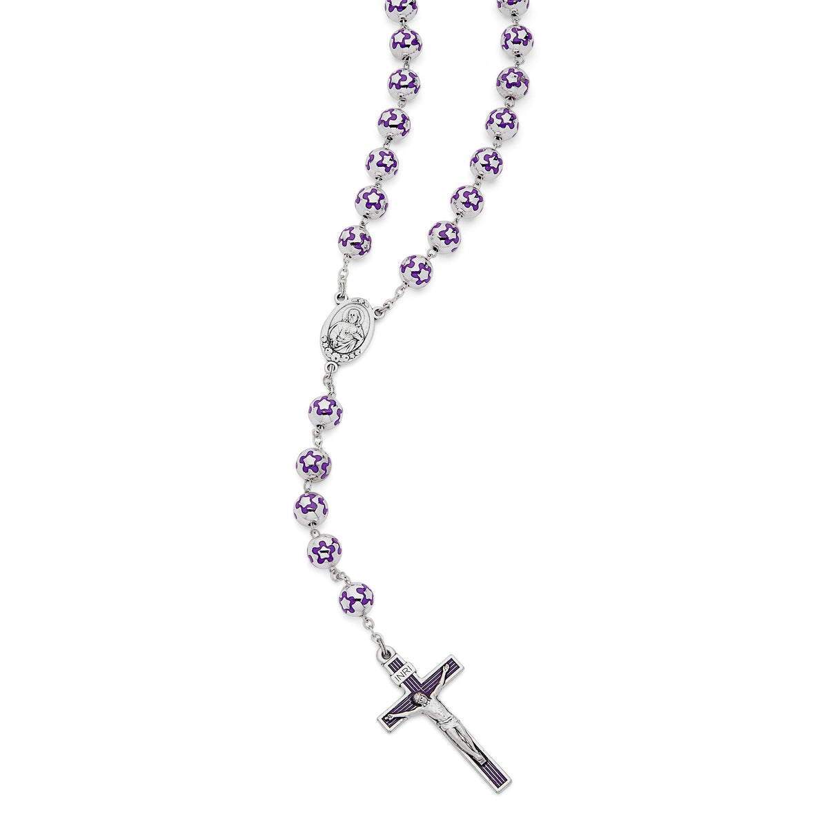 Sacred Heart of Jesus Rosary in Silver Color Beads decorated with Purple Flowers