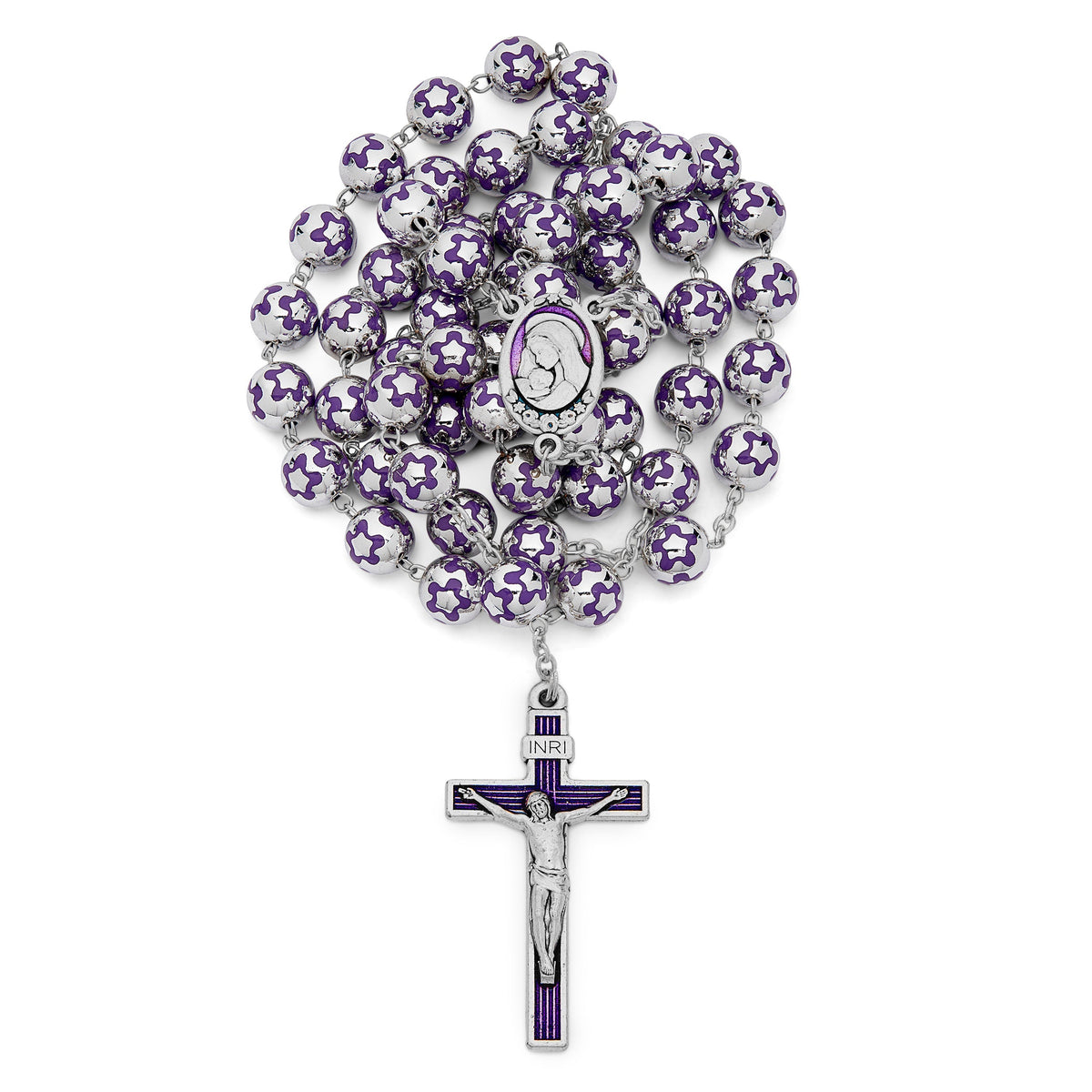 Sacred Heart of Jesus Rosary in Silver Color Beads decorated with Purple Flowers