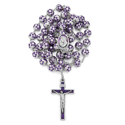 Sacred Heart of Jesus Rosary in Silver Color Beads decorated with Purple Flowers