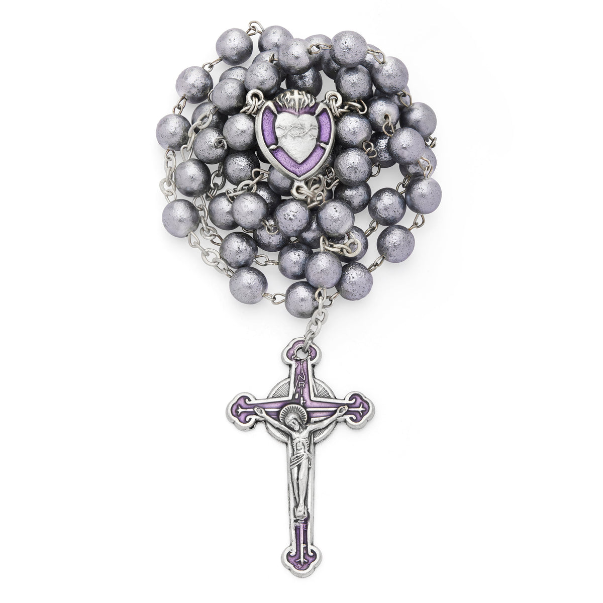 Sacred Heart of Jesus Rosary with Gray Pearl Glass Beads