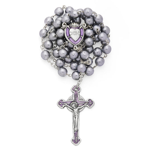 Sacred Heart of Jesus Rosary with Gray Pearl Glass Beads