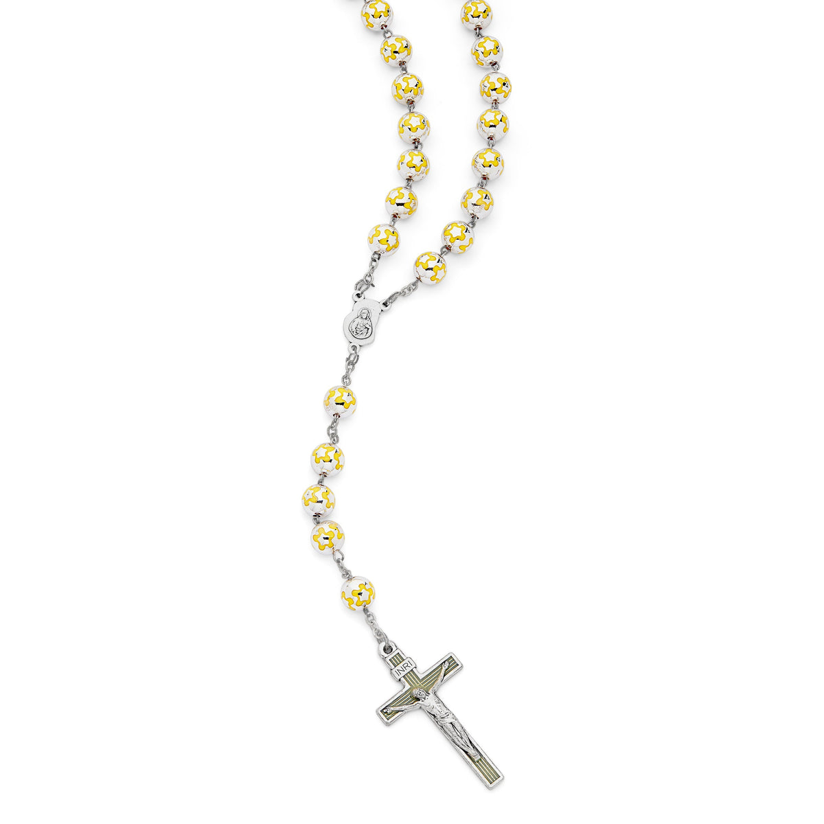 Sacred Heart of Jesus Rosary in Silver Color Beads decorated with Yellow Flowers
