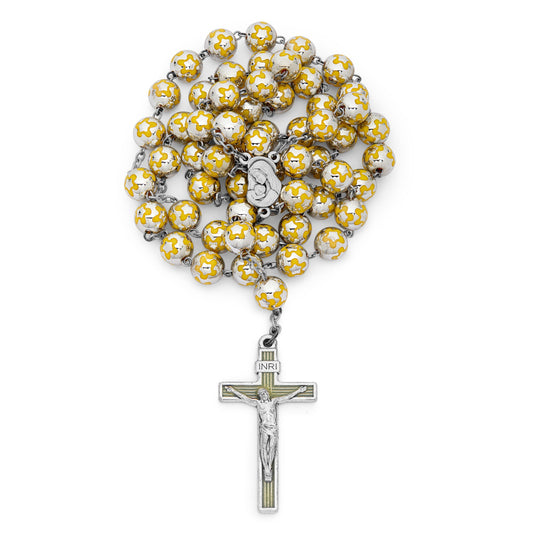 Sacred Heart of Jesus Rosary in Silver Color Beads decorated with Yellow Flowers