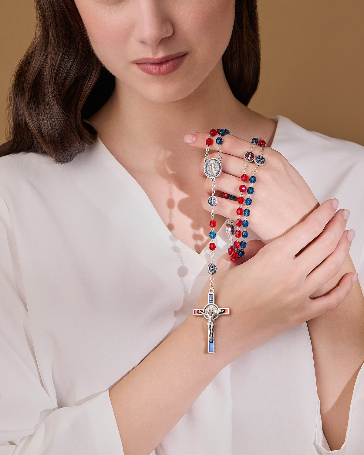 Saint Benedict Rosary with Blue and Red Crystal Beads