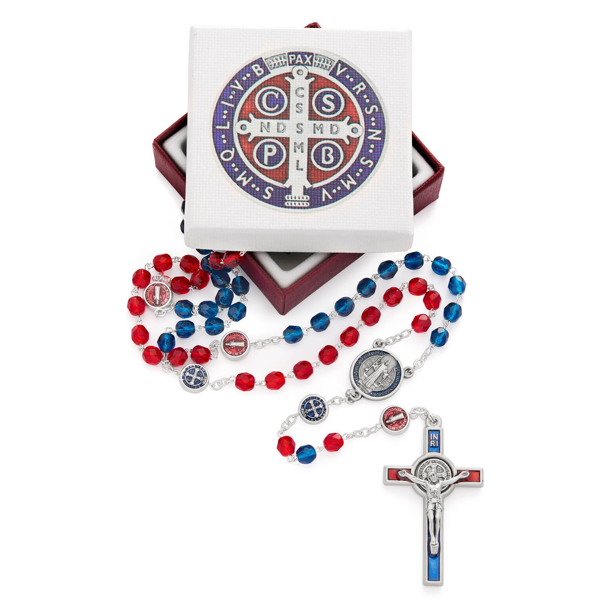 Saint Benedict Rosary with Blue and Red Crystal Beads