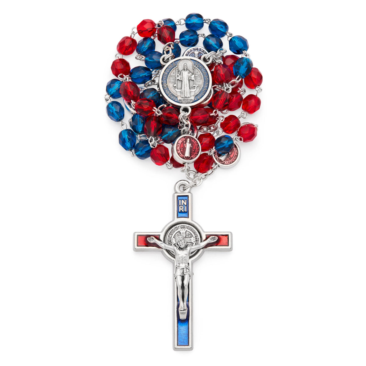 Saint Benedict Rosary with Blue and Red Crystal Beads