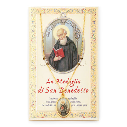 Saint Benedict Holy Card with Medal and Chain