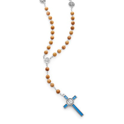 Saint Benedict Olive Wood Rosary with Blue Enameled Crucifix