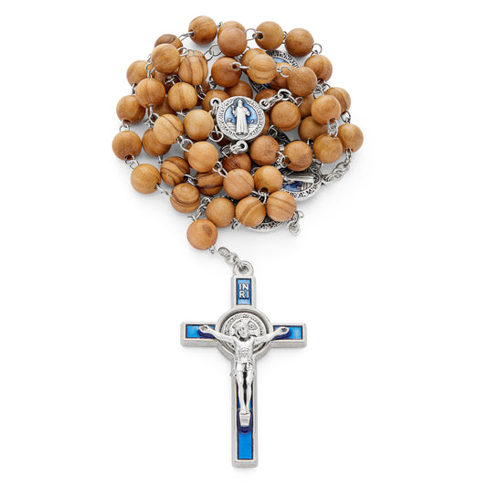 Saint Benedict Olive Wood Rosary with Blue Enameled Crucifix