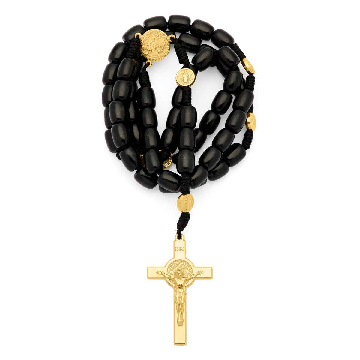 Saint Benedict Rosary in Black Wood with Gold-Tone Metal Crucifix