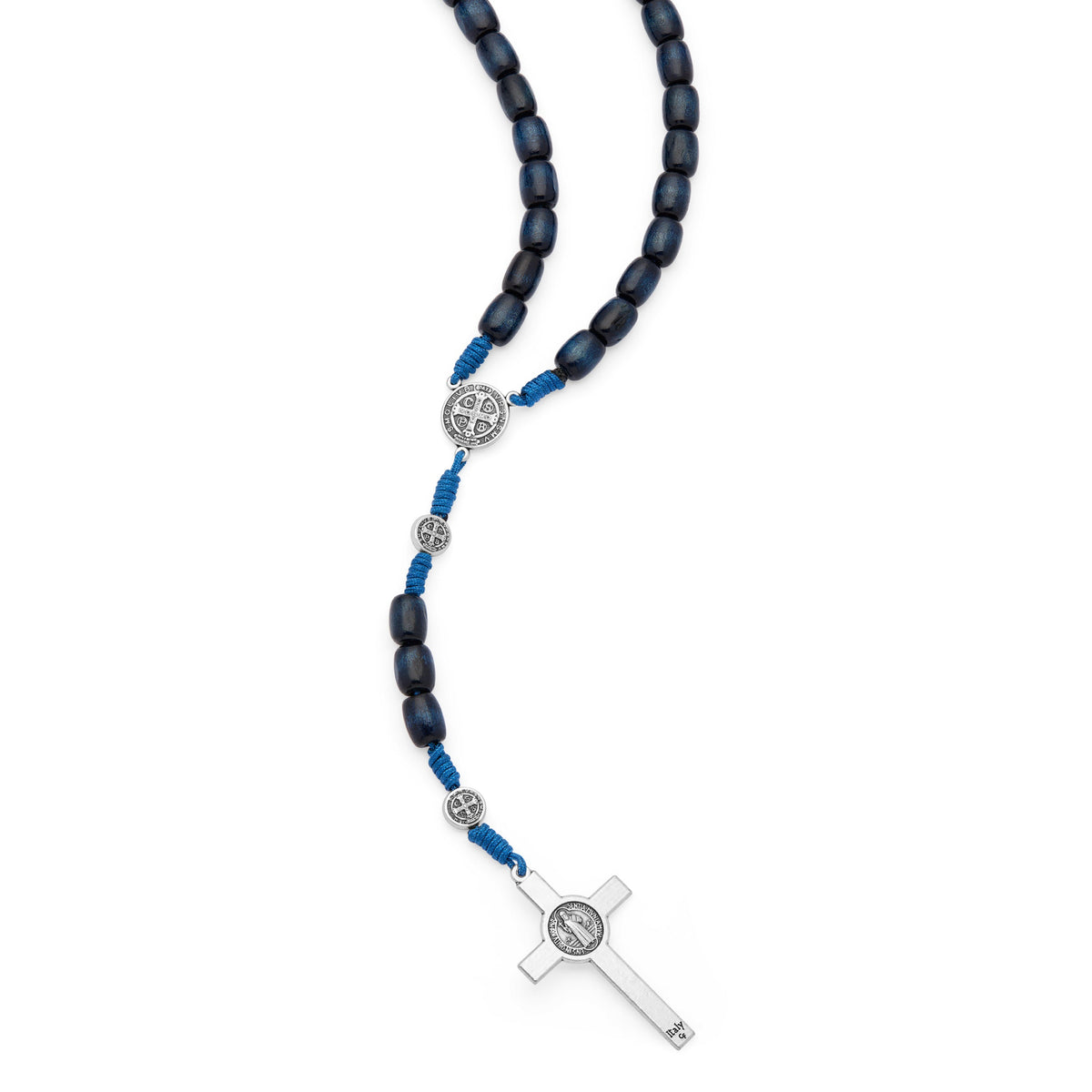 Saint Benedict Rosary in Dark Blue Wood with Metal Crucifix