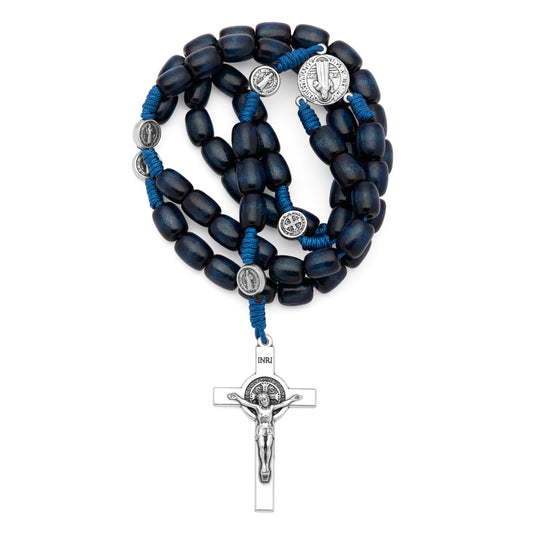 Saint Benedict Rosary in Dark Blue Wood with Metal Crucifix