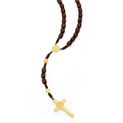 Saint Benedict Rosary in Dark Brown Wood with Gold-Tone Metal Crucifix