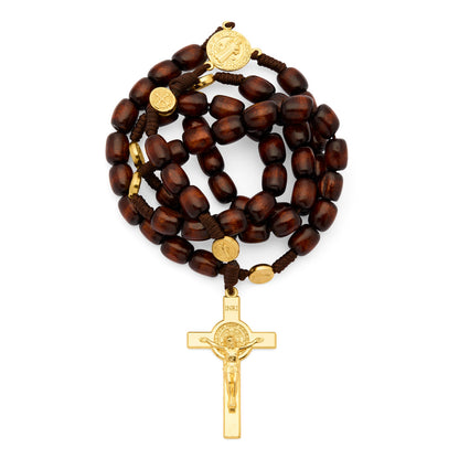 Saint Benedict Rosary in Dark Brown Wood with Gold-Tone Metal Crucifix