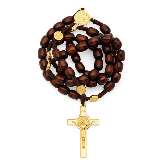 Saint Benedict Rosary in Dark Brown Wood with Gold-Tone Metal Crucifix
