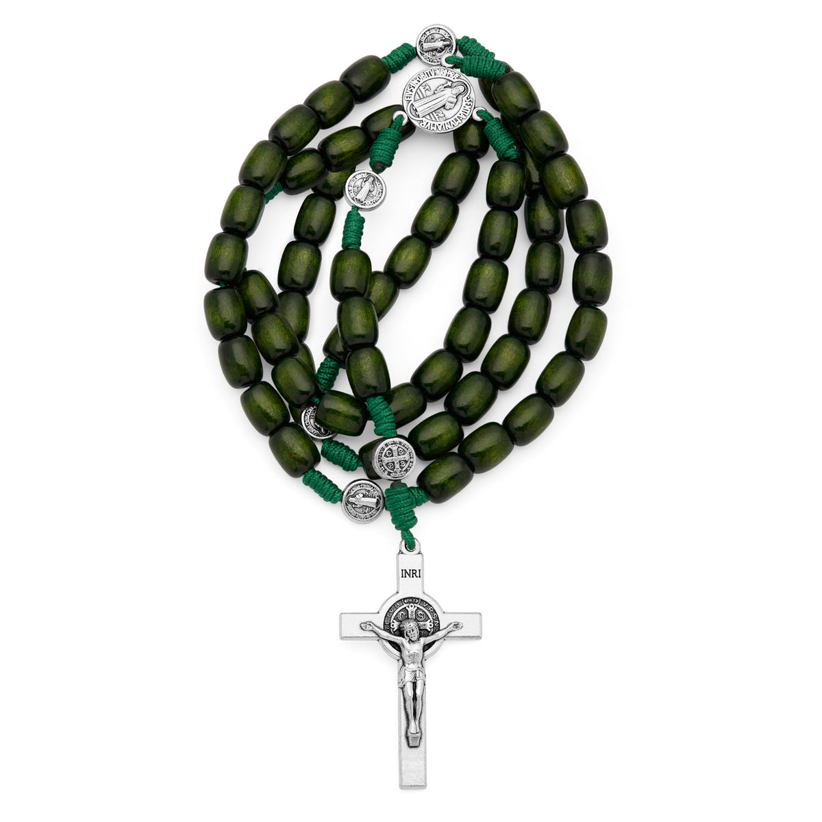 Saint Benedict Rosary in Dark Green Wood with Metal Crucifix