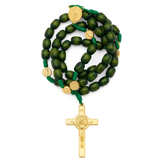 Saint Benedict Rosary in Green Wood with Gold-Tone Metal Crucifix