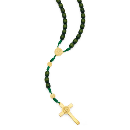 Saint Benedict Rosary in Green Wood with Gold-Tone Metal Crucifix