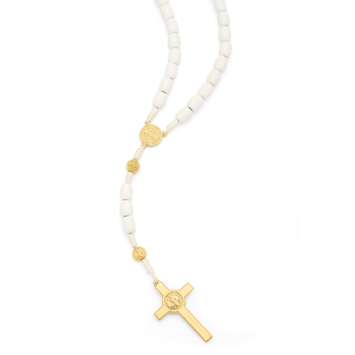 Saint Benedict Rosary in White Wood with Gold-Tone Metal Crucifix