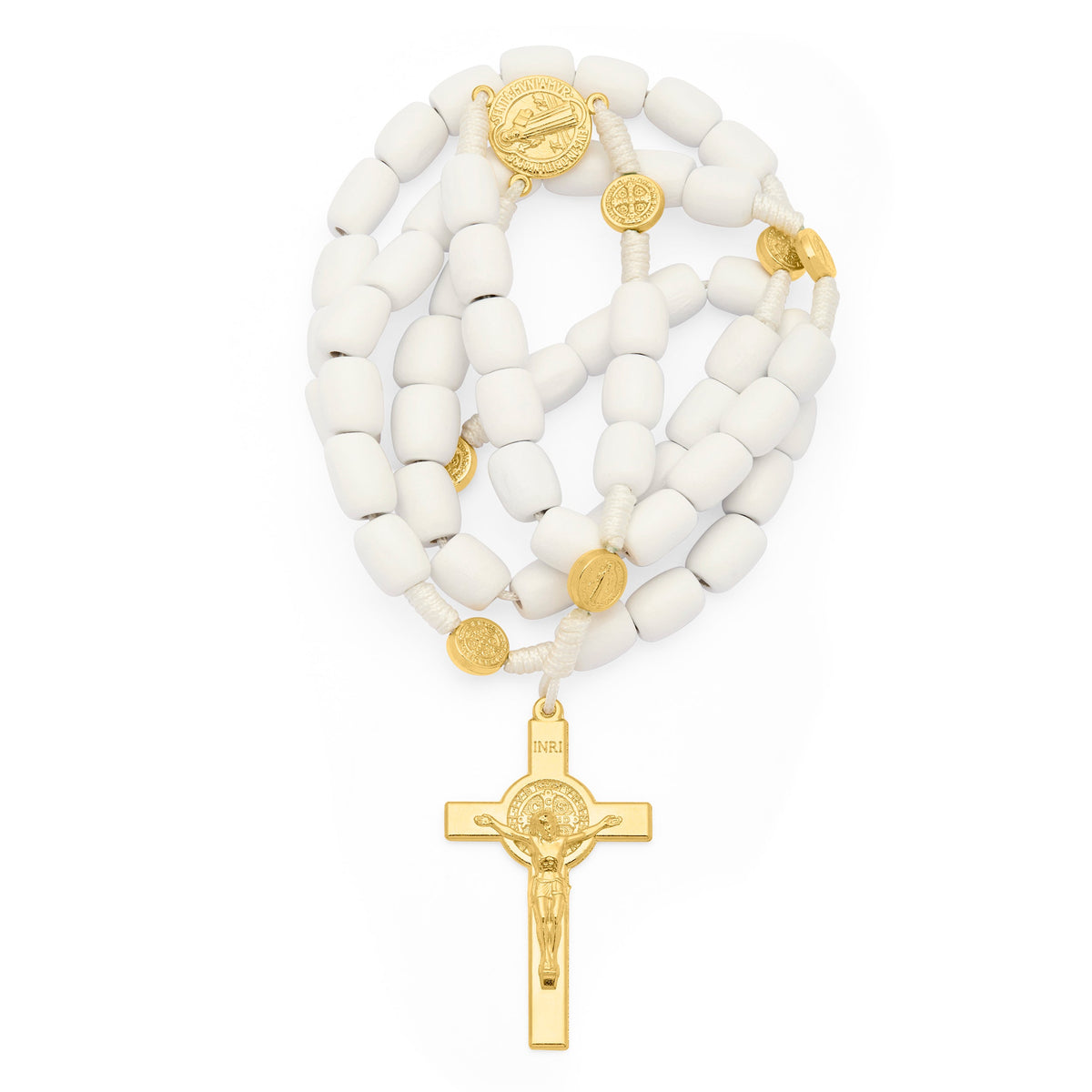 Saint Benedict Rosary in White Wood with Gold-Tone Metal Crucifix