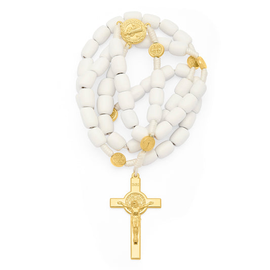 Saint Benedict Rosary in White Wood with Gold-Tone Metal Crucifix