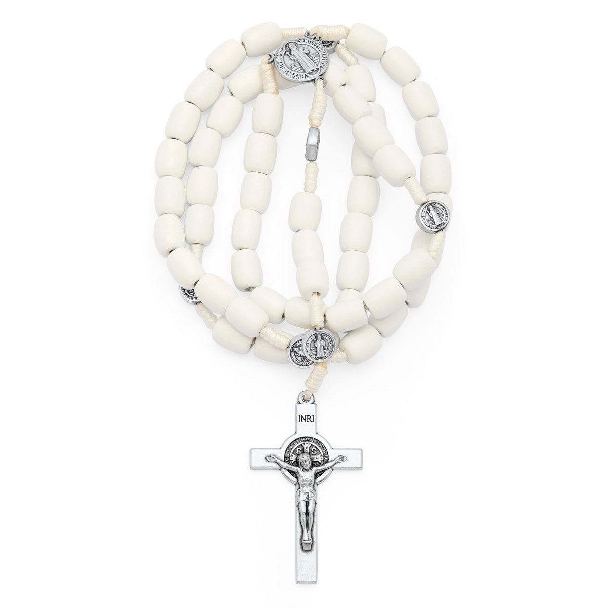 Saint Benedict Rosary in White Wood with Metal Crucifix