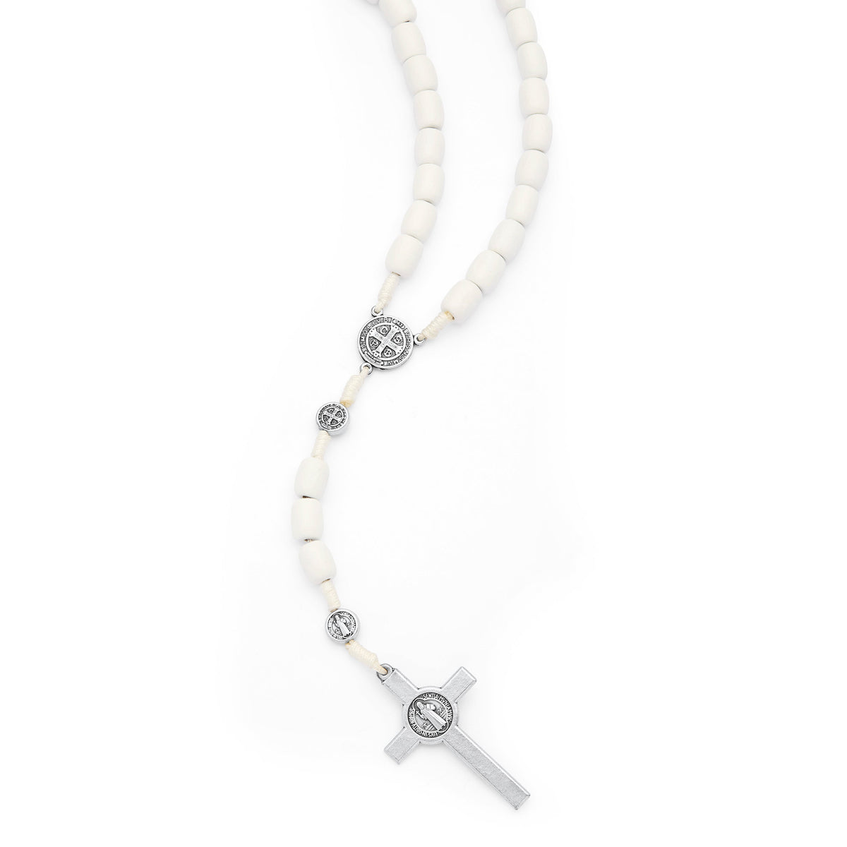 Saint Benedict Rosary in White Wood with Metal Crucifix