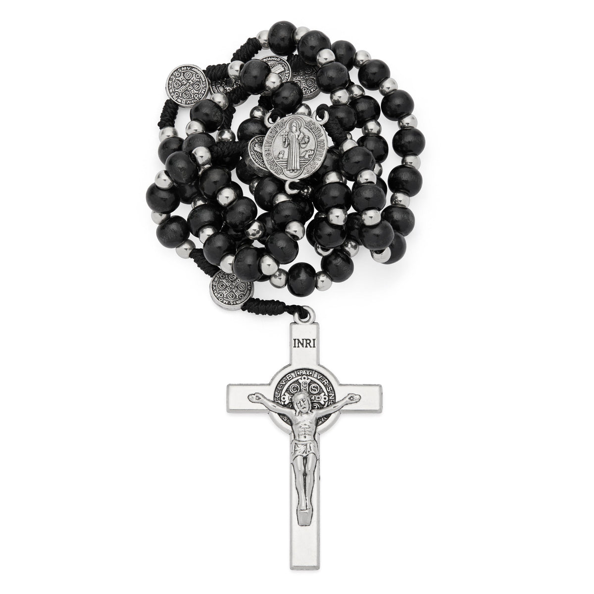 Saint Benedict Rosary with Black Wood Beads and Metal Crucifix