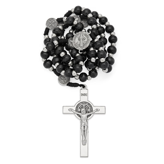 Saint Benedict Rosary with Black Wood Beads and Metal Crucifix
