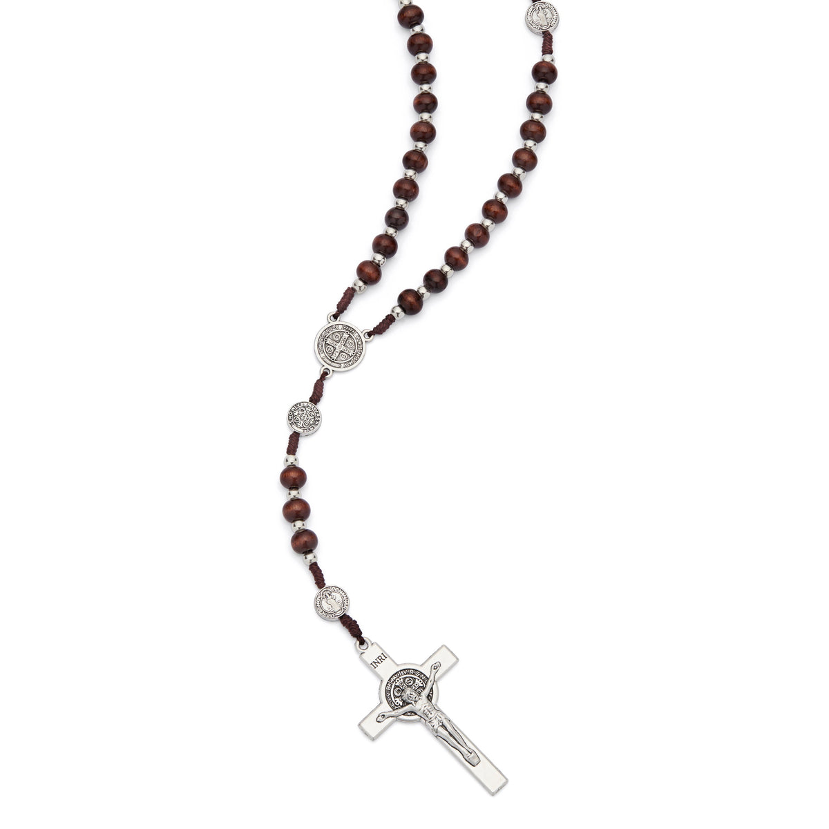 Saint Benedict Rosary with Dark Wood Beads and Metal Crucifix