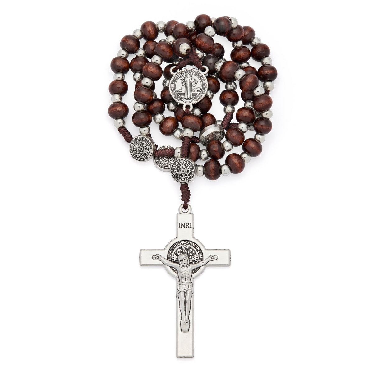Saint Benedict Rosary with Dark Wood Beads and Metal Crucifix