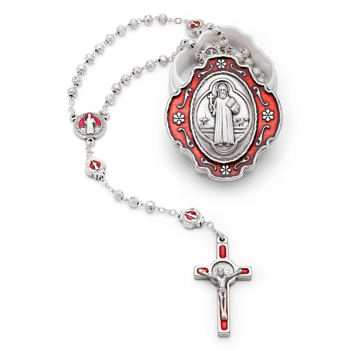 Red Enameled St. Benedict Rosary Case With Rose-shaped Beads Rosary