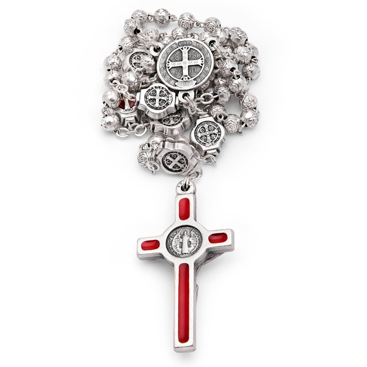 Red Enameled St. Benedict Rosary Case With Rose-shaped Beads Rosary