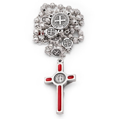 Red Enameled St. Benedict Rosary Case With Rose-shaped Beads Rosary