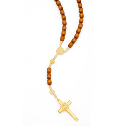Saint Benedict Rosary with Wooden Beads and Gold-Tone Metal Crucifix