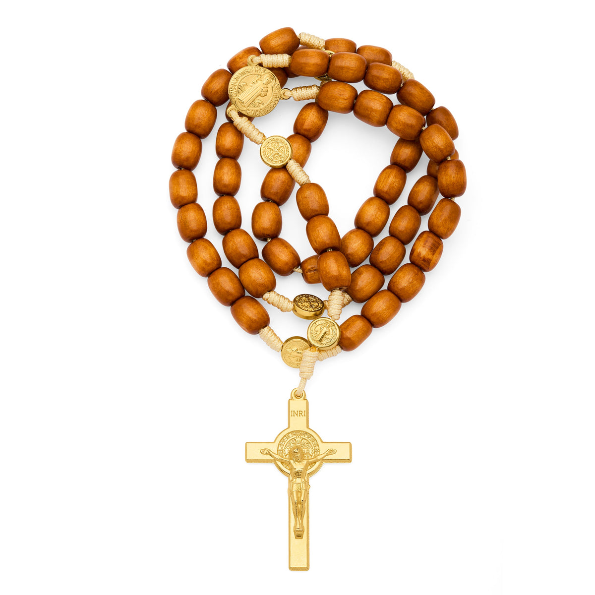 Saint Benedict Rosary with Wooden Beads and Gold-Tone Metal Crucifix