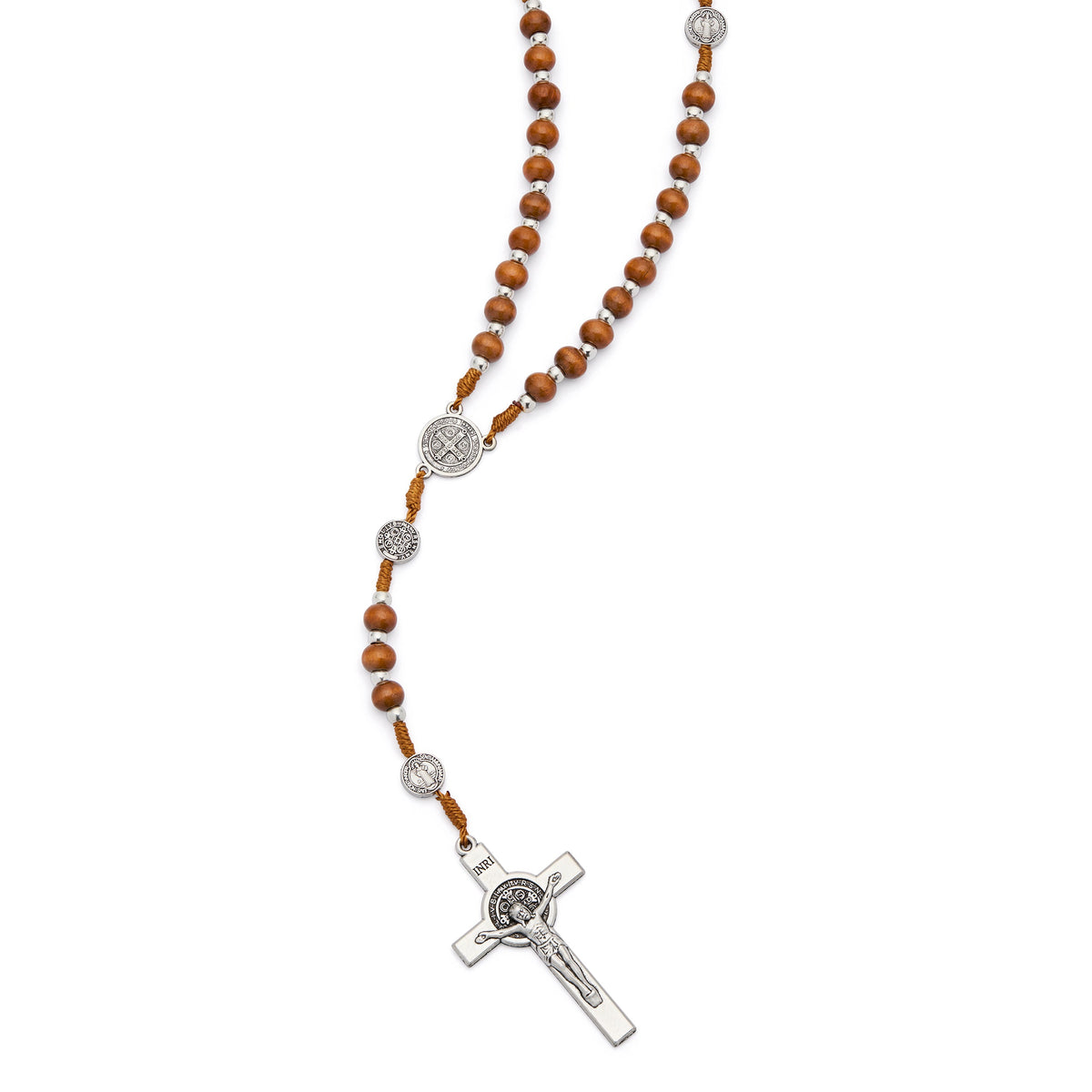 Saint Benedict Rosary with Wooden Beads and Metal Crucifix