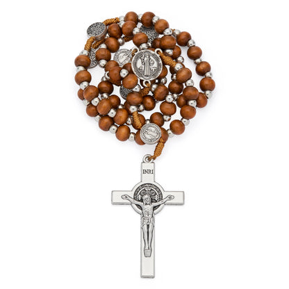 Saint Benedict Rosary with Wooden Beads and Metal Crucifix