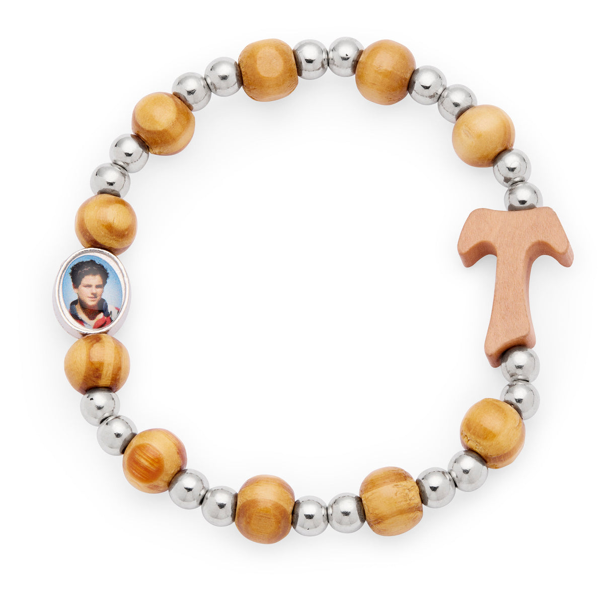 Saint Carlo Acutis Elastic Bracelet with Metal and Wooden Beads