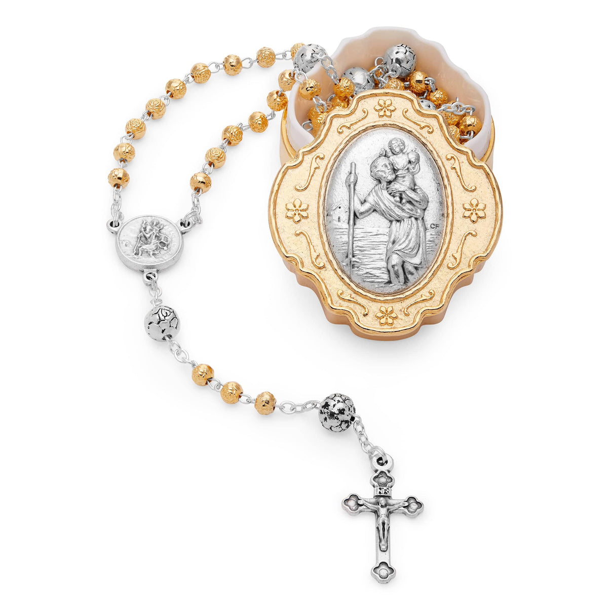 Golden Rosary Case With St. Christopher and Rose-shaped Beads Rosary