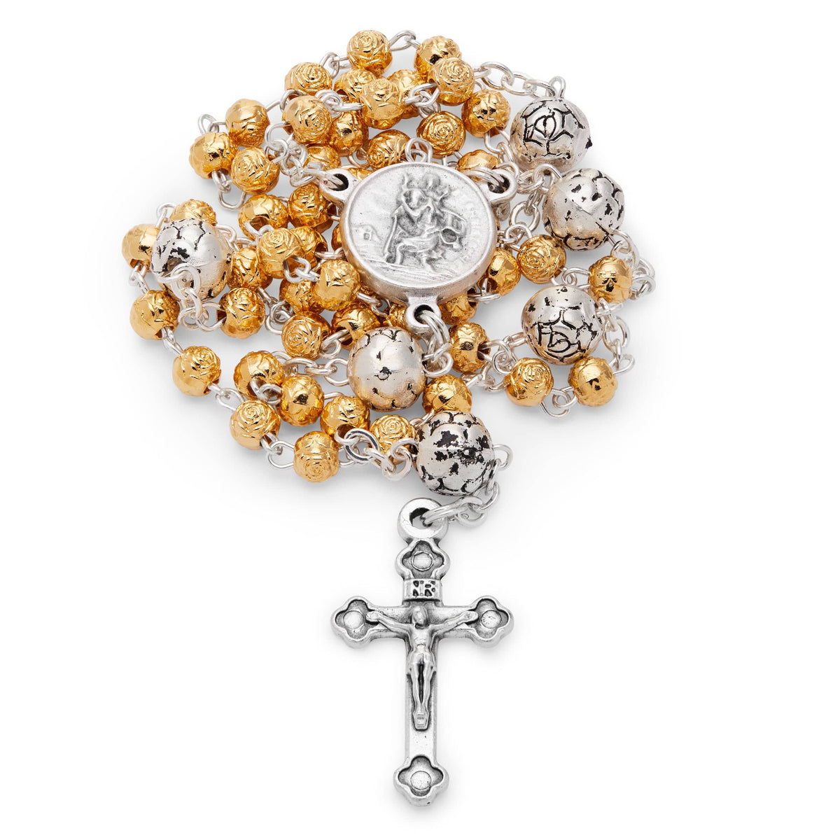 Golden Rosary Case With St. Christopher and Rose-shaped Beads Rosary