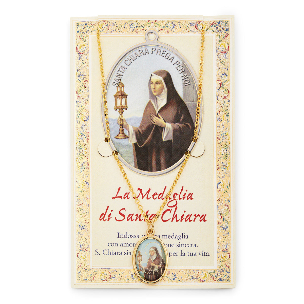Saint Clare Holy Card and Medal with the Chain