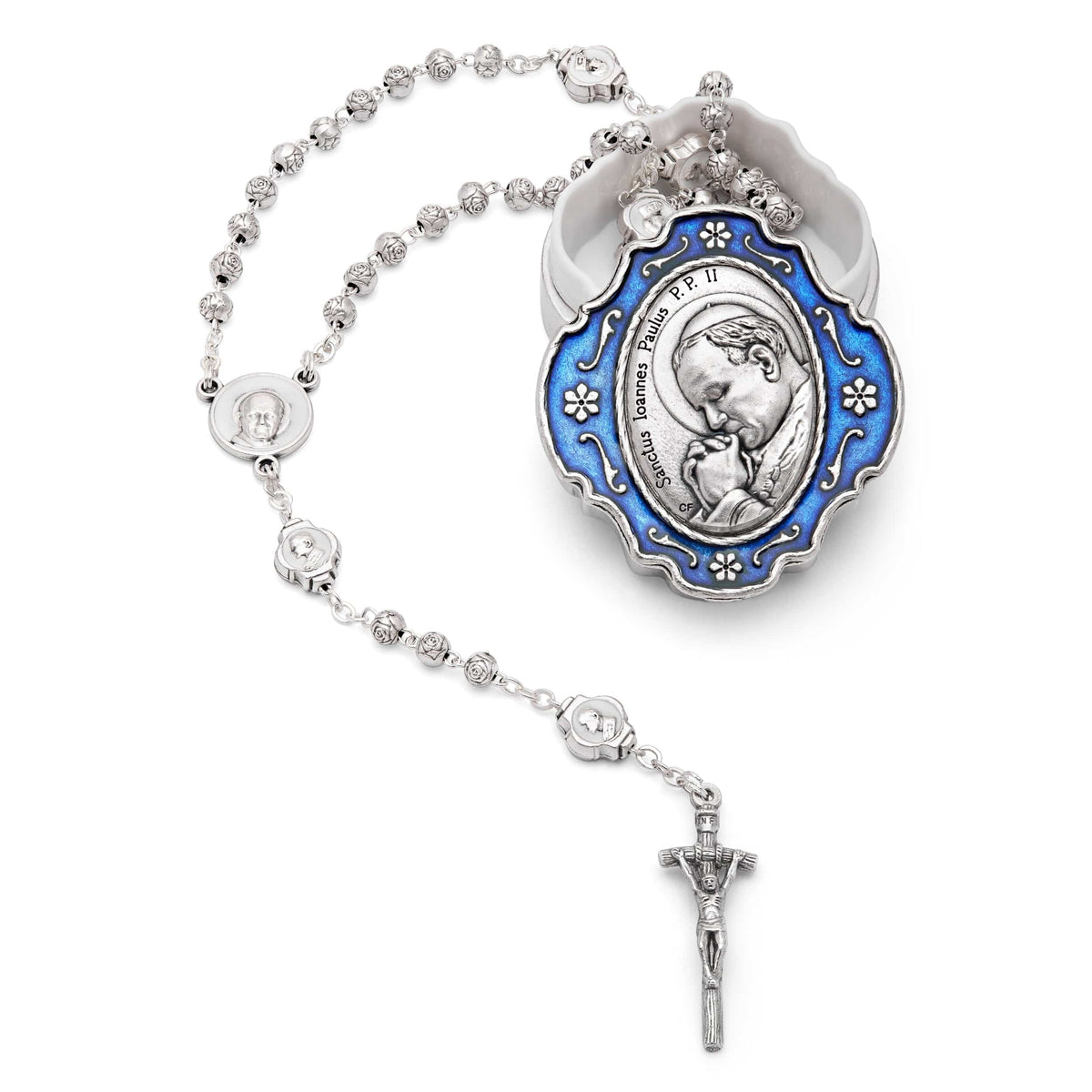 Blue Enameled Pope St. John Paul II Rosary Case With Rose-shaped Beads Rosary