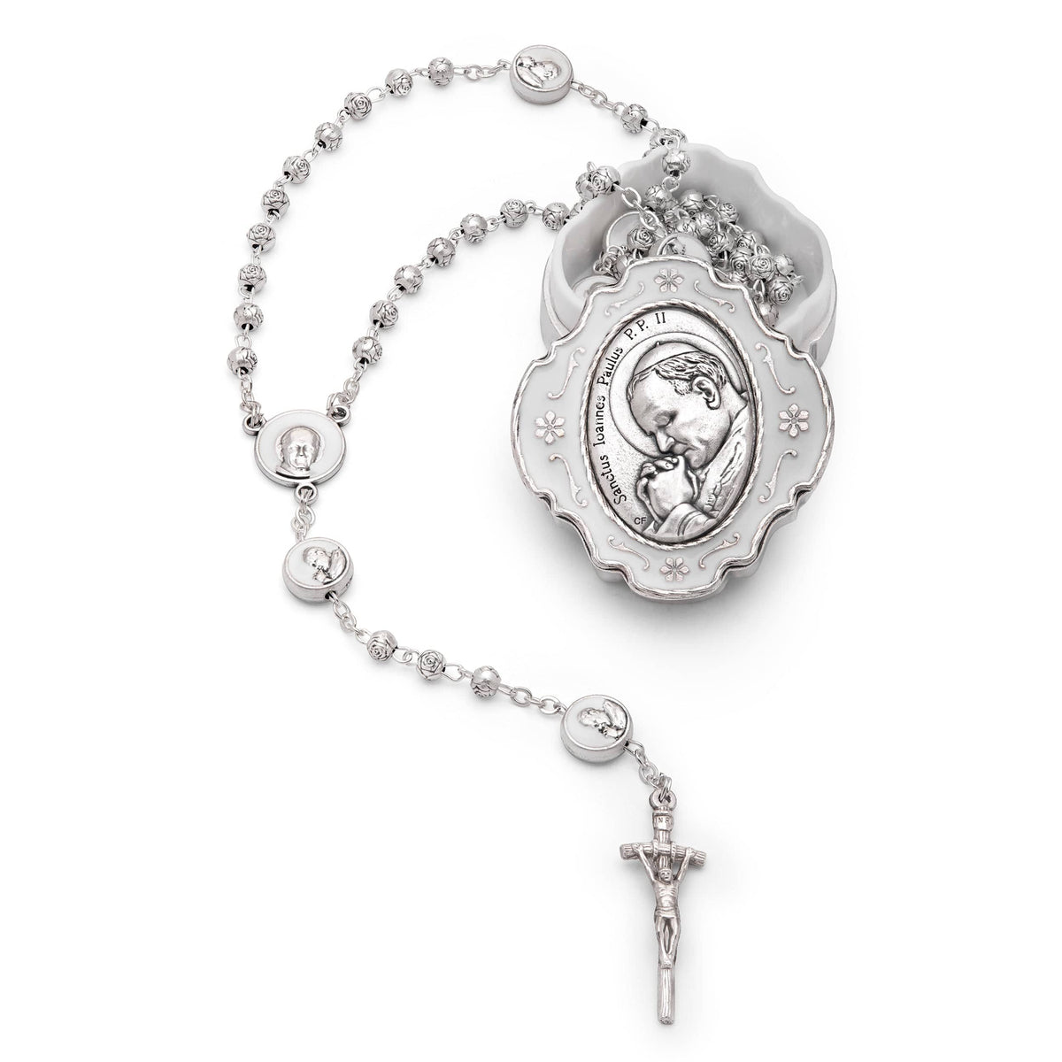 White Enameled Pope St. John Paul II Rosary Case With Rose-shaped Beads Rosary