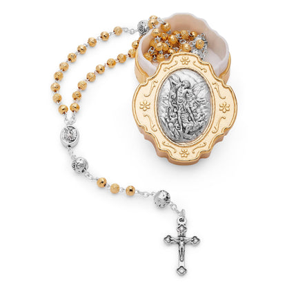 Golden Rosary Case With St. Michael and Rose-shaped Beads Rosary
