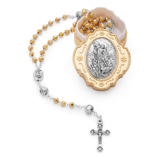 Golden Rosary Case With St. Michael and Rose-shaped Beads Rosary