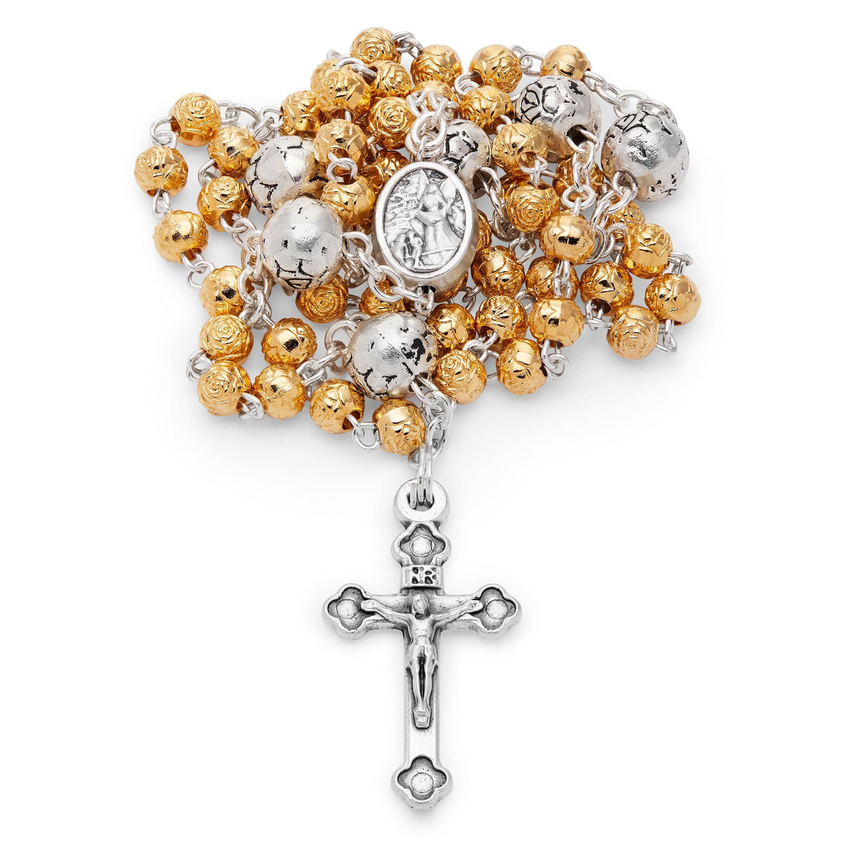 Golden Rosary Case With St. Michael and Rose-shaped Beads Rosary