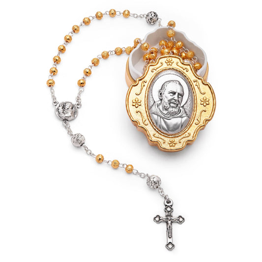 Golden Rosary Case With St. Padre Pio and Rose-shaped Beads Rosary